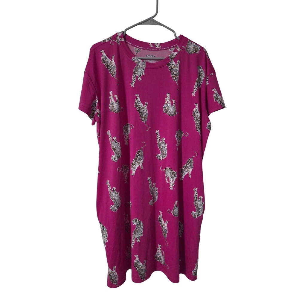 JOYSPUN Dreamy Soft Collection Tiger Print Fuchsia Pink T-Shirt Dress L XL - Picture 1 of 3